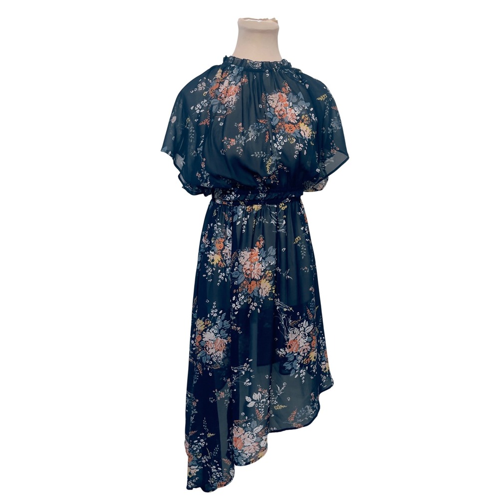 Lucky Brand Floral Chiffon Boho Ethereal Asymmetrical Dress XS Navy Blue Boho